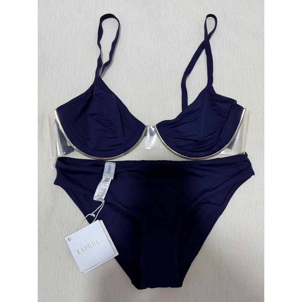 La Perla Navy Blue Bikini Swimsuit Set Clear Straps Size US 4‎ Bottom US 10